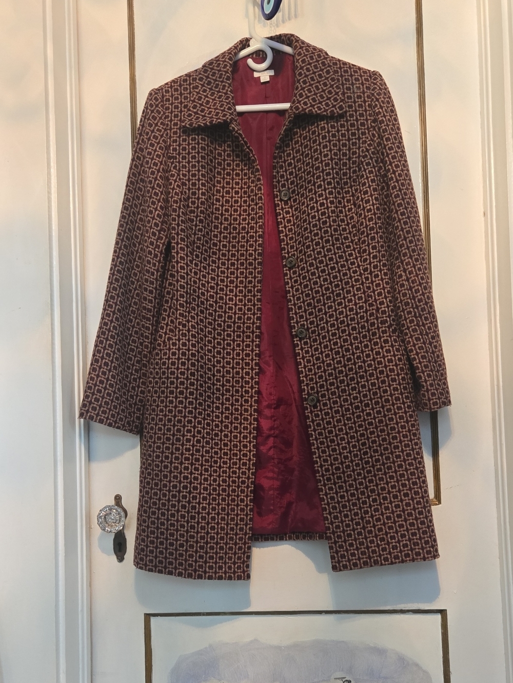 Classic Women's Patterned Coat in Burgundy and Cream